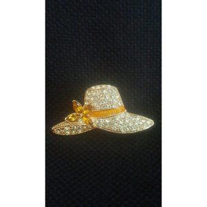Vintage Monet Ladies Hat Brooch Pin Gold Tone With Clear Orange Rhinestones